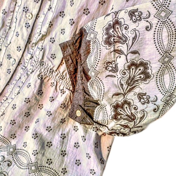 SONOMA Life+Style Women's Button 3/4 Sleeve 1X Shirred Blouse - Tan/Brown Border - Picture 4 of 9